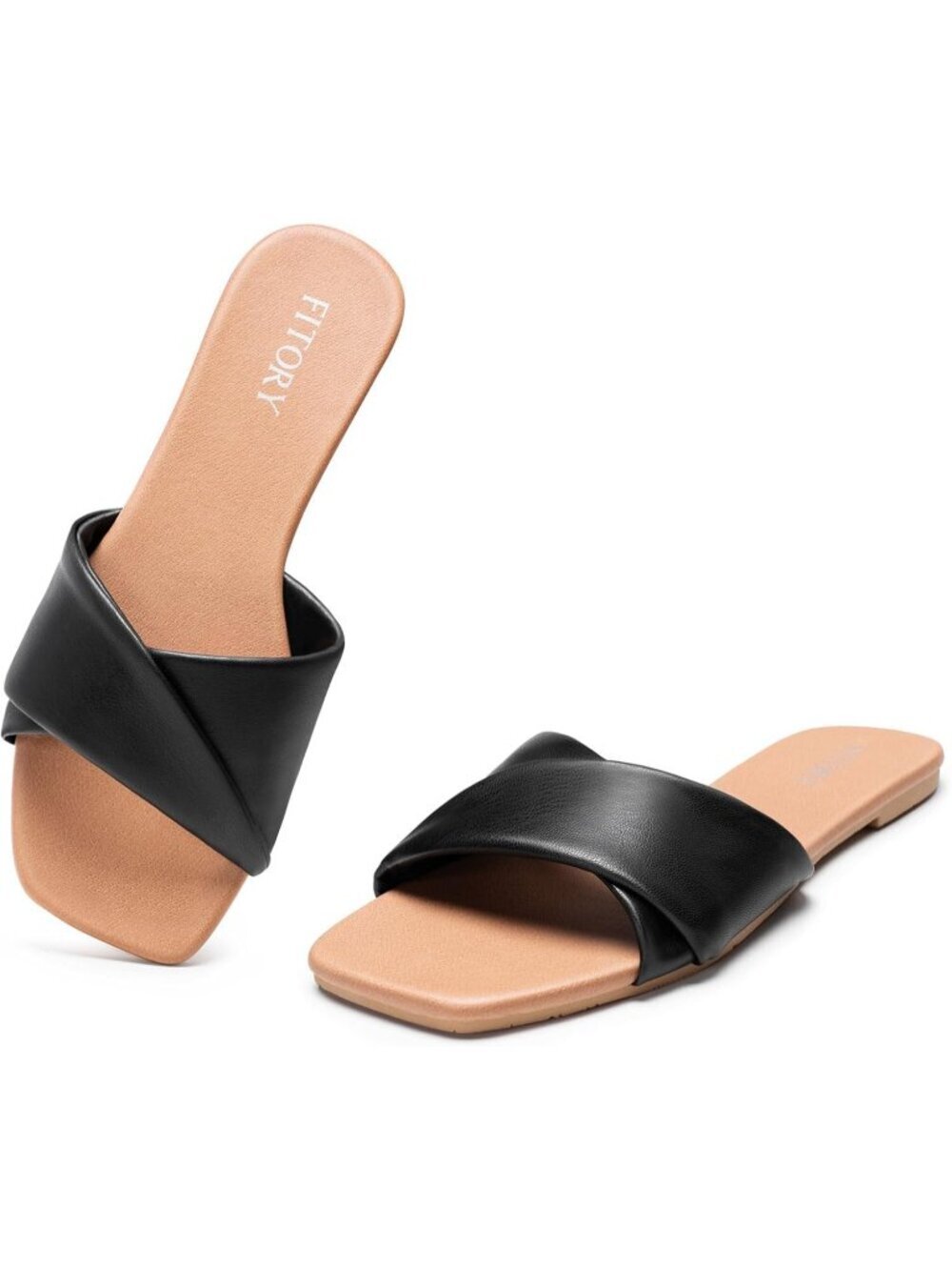 Women's Black Flat Square Slides With Cross Strap Soft Leather Slippers